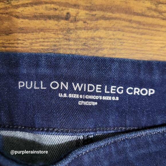 Chico's Jeans Size 6 Pull On Wide Leg Crop High Rise Dark Wash Stretch Denim - Picture 3 of 11